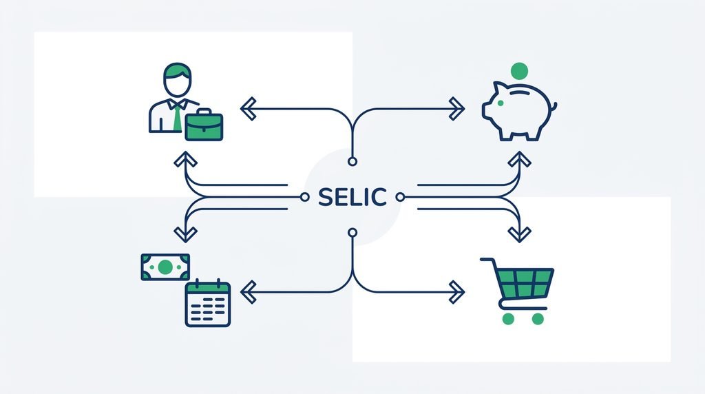 Esquema com os quatro caminhos pelos quais a Selic chega ao bolso: crédito, investimentos, preços e emprego