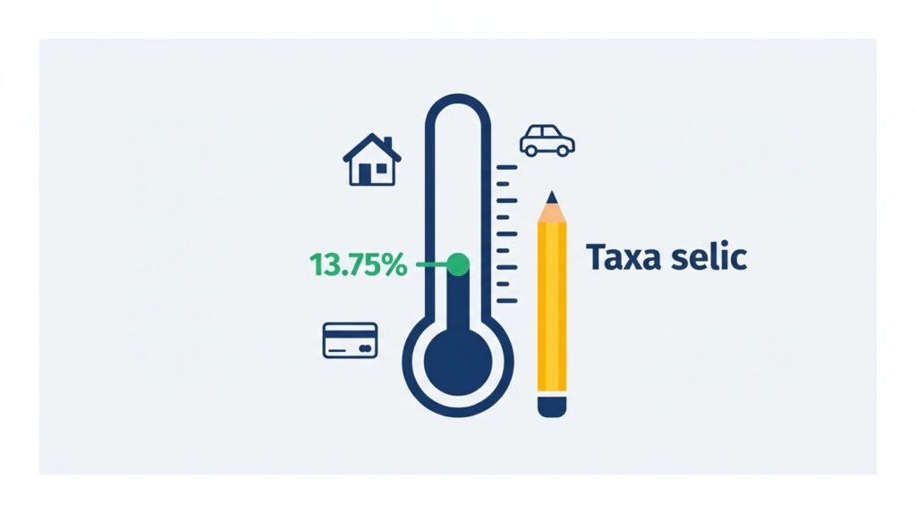 Termômetro ilustrado indicando a taxa Selic, cercado por ícones de casa, carro e cartão de crédito.