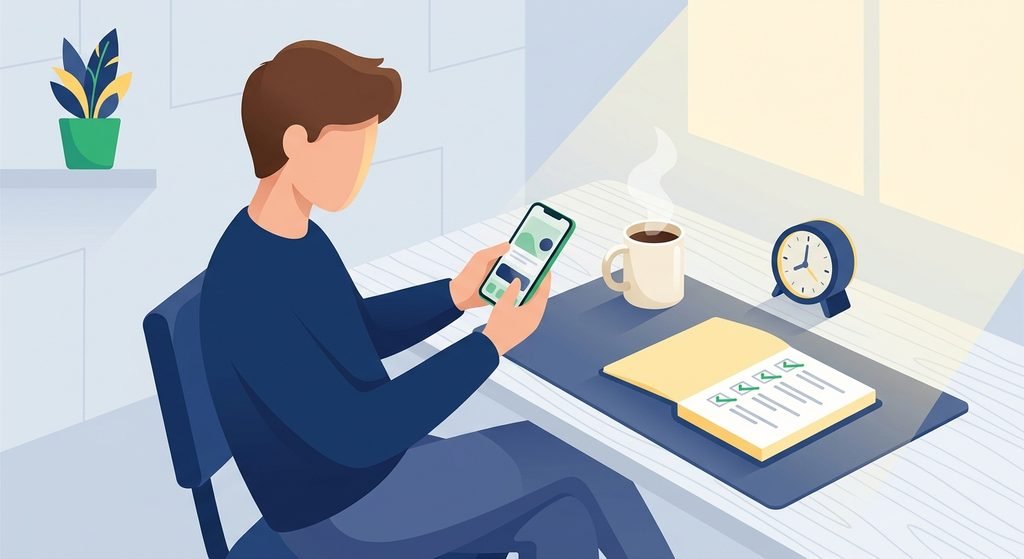 Pessoa revisando as parcelas do cartão no celular, com uma xícara de café e uma lista de tarefas marcada
